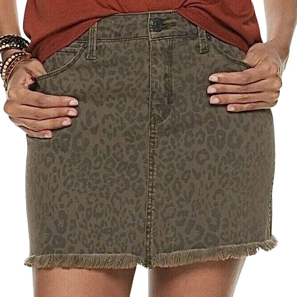 NWT Mudd Denim Skirt 7 Leopard Print FLX Stretch Brown Black Frayed Hem Grunge